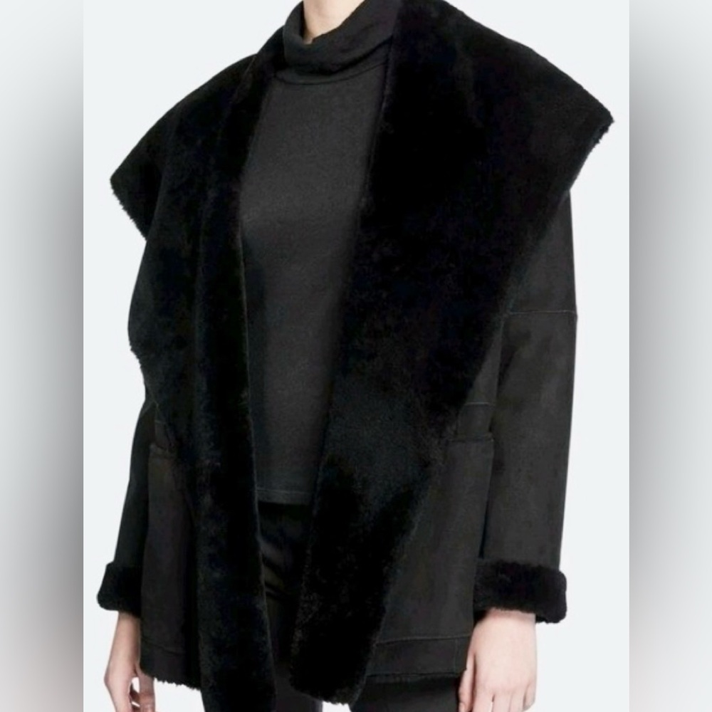 Vince Black Shearling hooded mid length coat sz medium w pockets